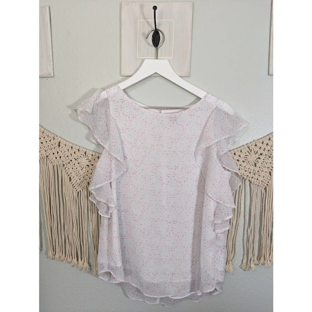 APT 9 White Small Print Blouse Ruffle Sleeves
